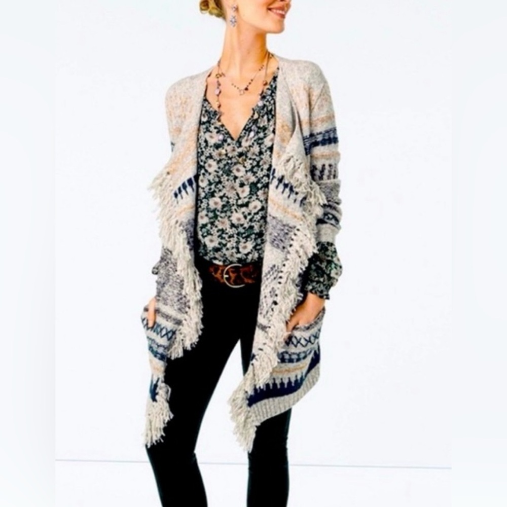 Cabi Shetland Sweater Cardigan,size XXS,Oversized Fringe Boho Western Open Front